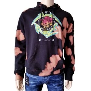 Black Keys Apparel Black Acid Wash Bleached "Black Rose" Studded Hoodie Sweater